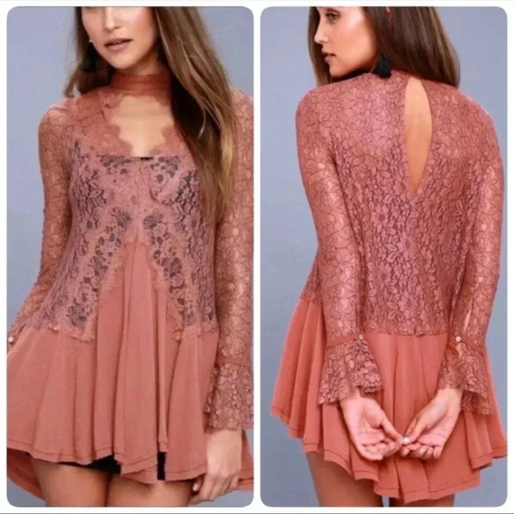 Free People Tell Tale Dusty Mauve Lace Tunic Dress, size Xs - Picture 3 of 8